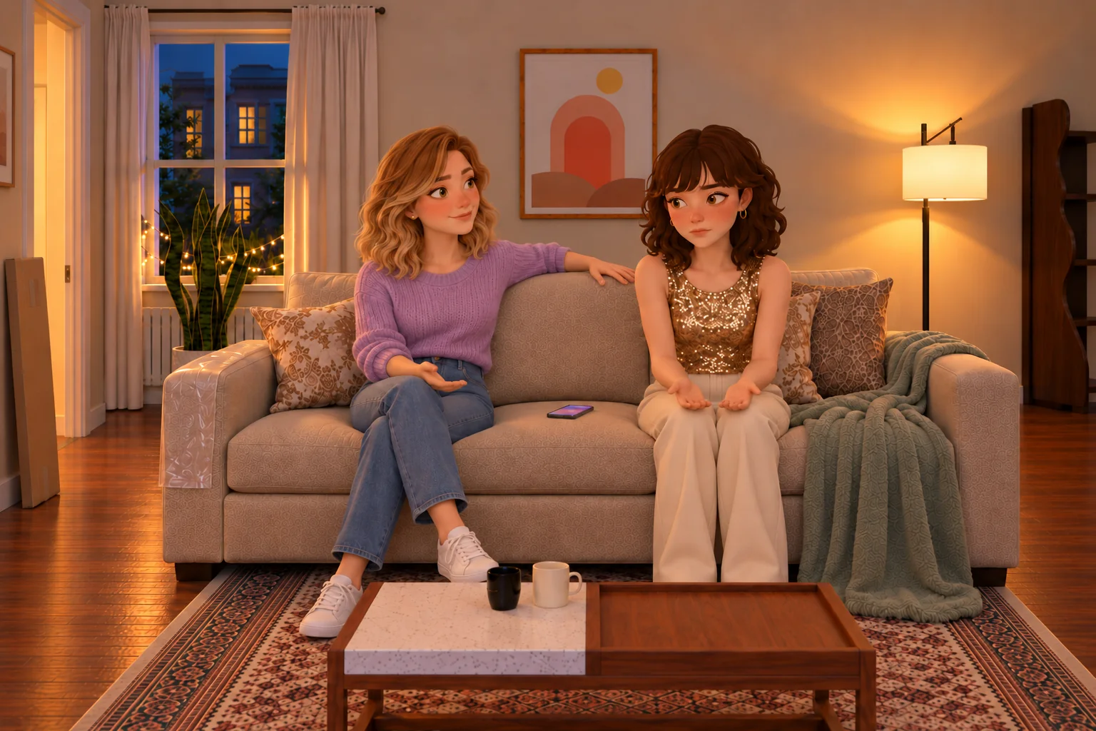 Sophie and Lina talking on the sofa in the new living room.